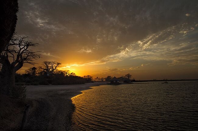 Sunset at Lodge de Niassam, a eco lodge in paradise! You can live in 3 different cabins; hut on stilts in the lagune, a tree hut in a Baobab tree or a beautiful cabin on the ground. 
Read more on: http://www.travelwithallsenses.com/lodge-de-niassam-eco-lodge-paradise/