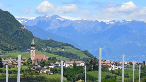A mountainous landscape with a church, houses, and vineyards.