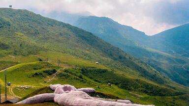 A large pink sculpture in a grassy field with mountains in the background.