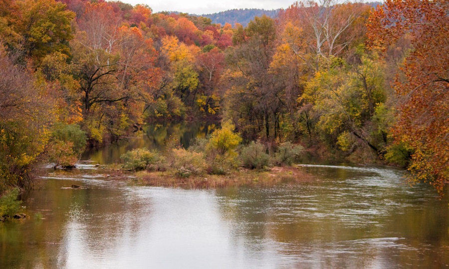 A river surrounded by autumn-colored trees.