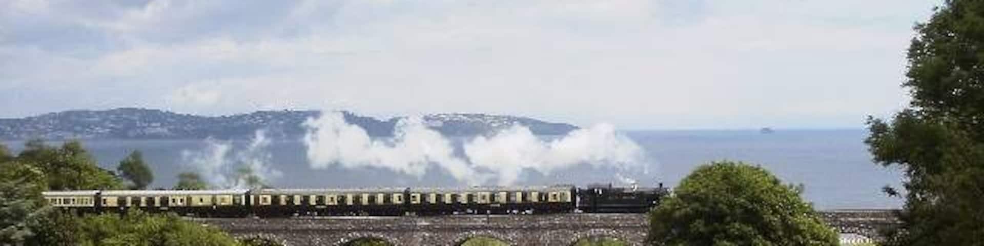 A train crossing a bridge over a body of water with steam rising from the water.