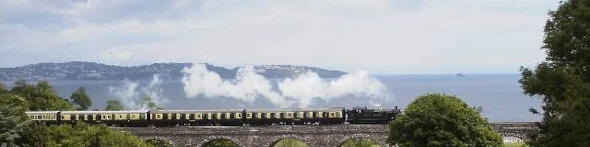 Un tren cruzando un puente sobre un cuerpo de agua, con vapor elevándose desde el agua.
