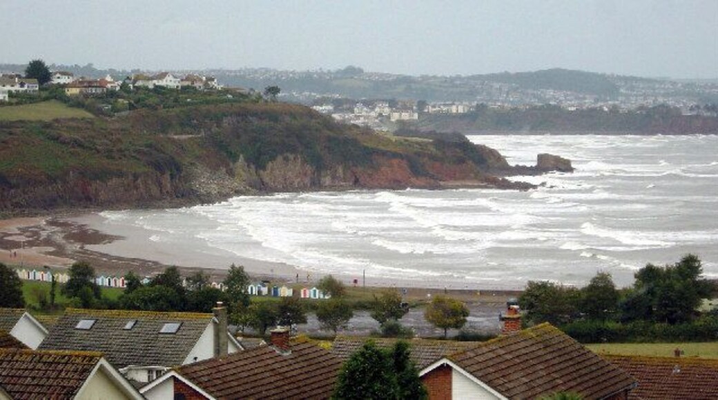 Rough seas, Broadsands bay. View from the Elberry estate, towards the North. Broadsands bay at mid-tide in the centre, Roundham head in the distant background and the high ground above Paignton on the skyline.