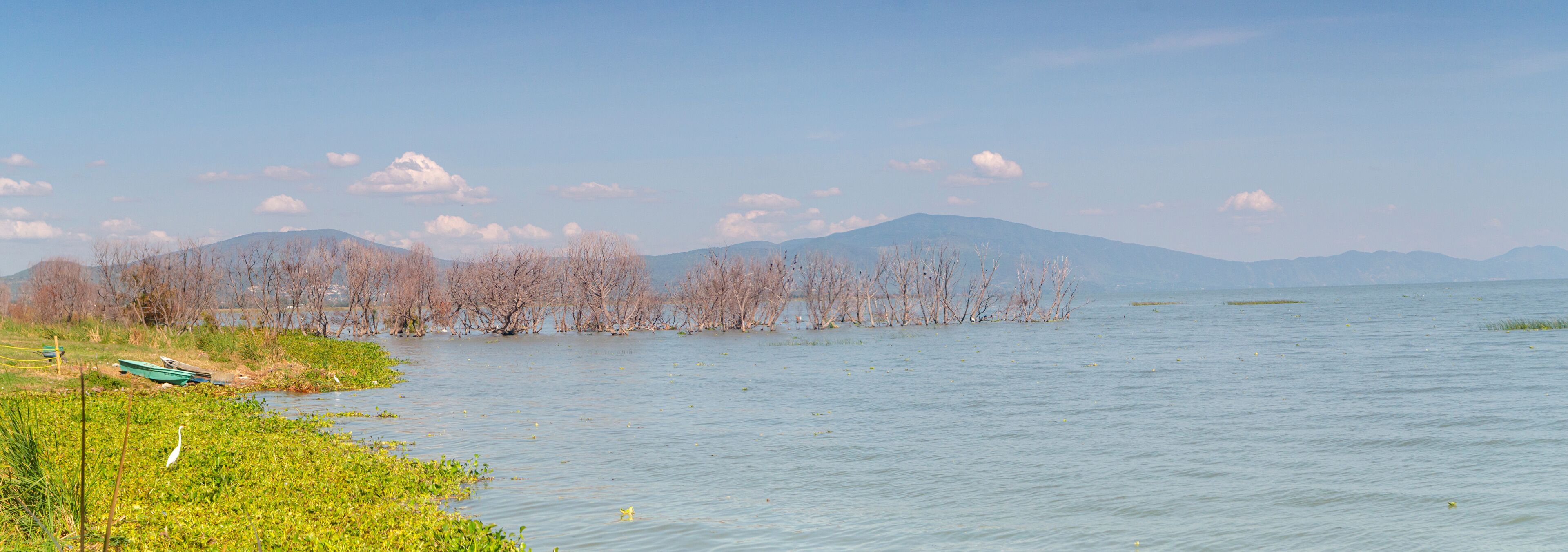 A calm lake with a distant mountain range, a green boat on the shore, and sparse vegetation along the water's edge.