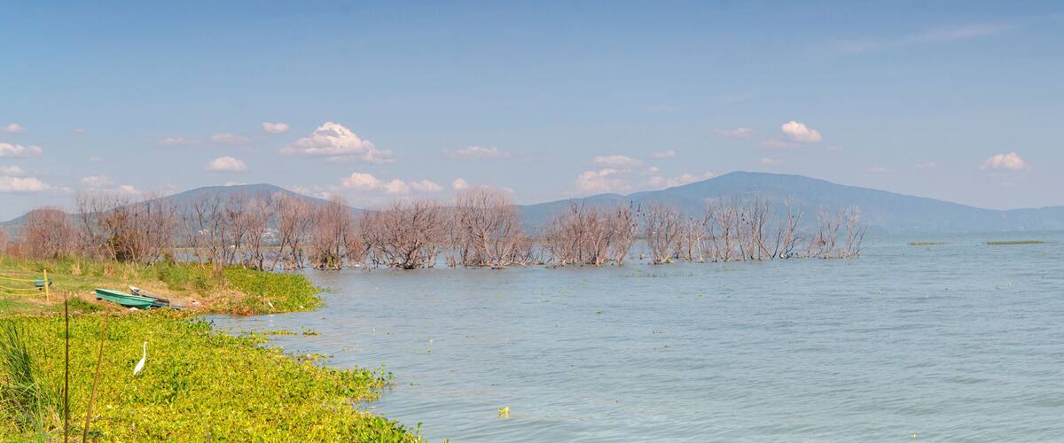 A calm lake with a distant mountain range, a green boat on the shore, and sparse vegetation along the water's edge.