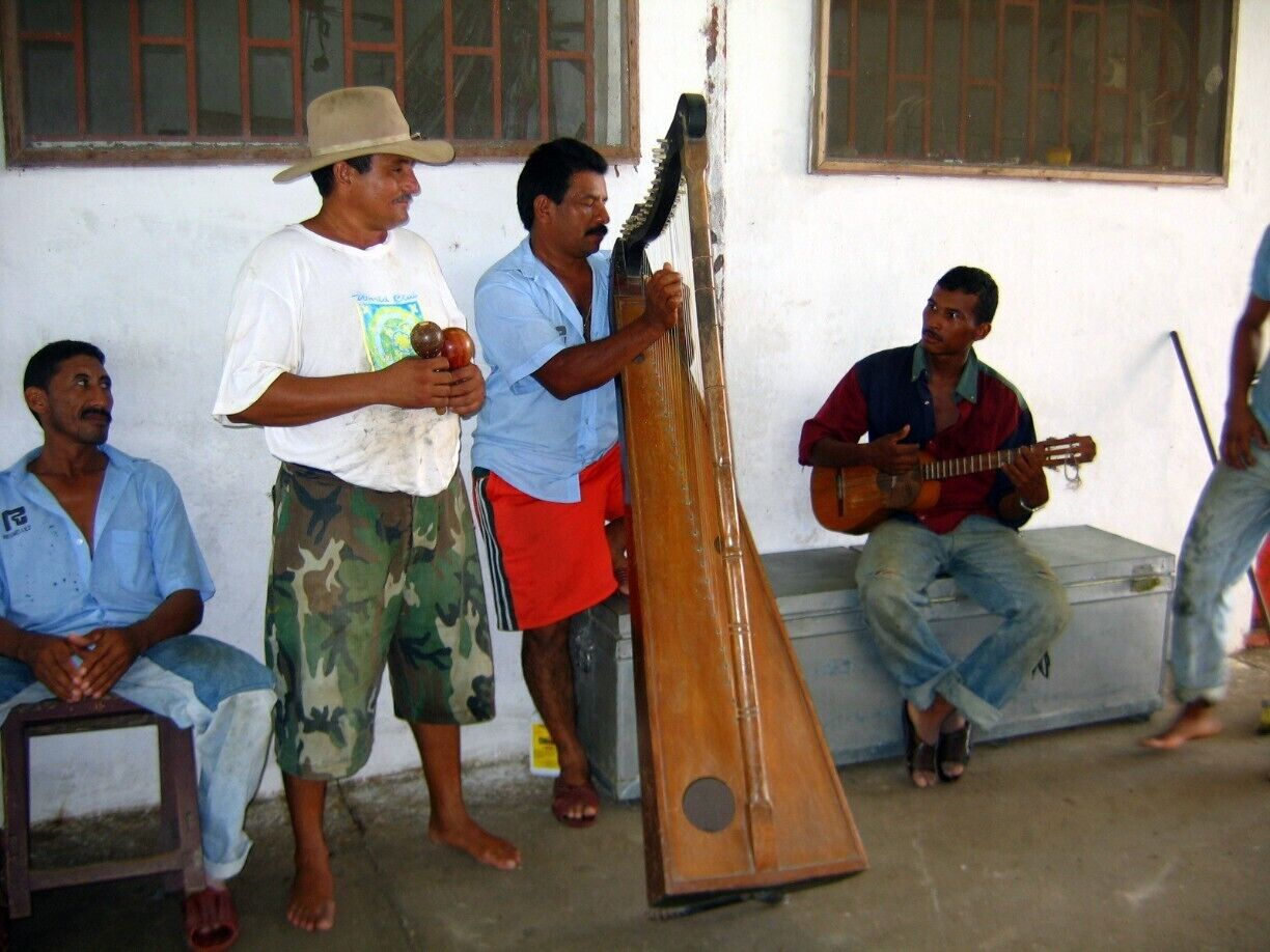 A group of people playing traditional stringed instruments in a simple indoor setting.