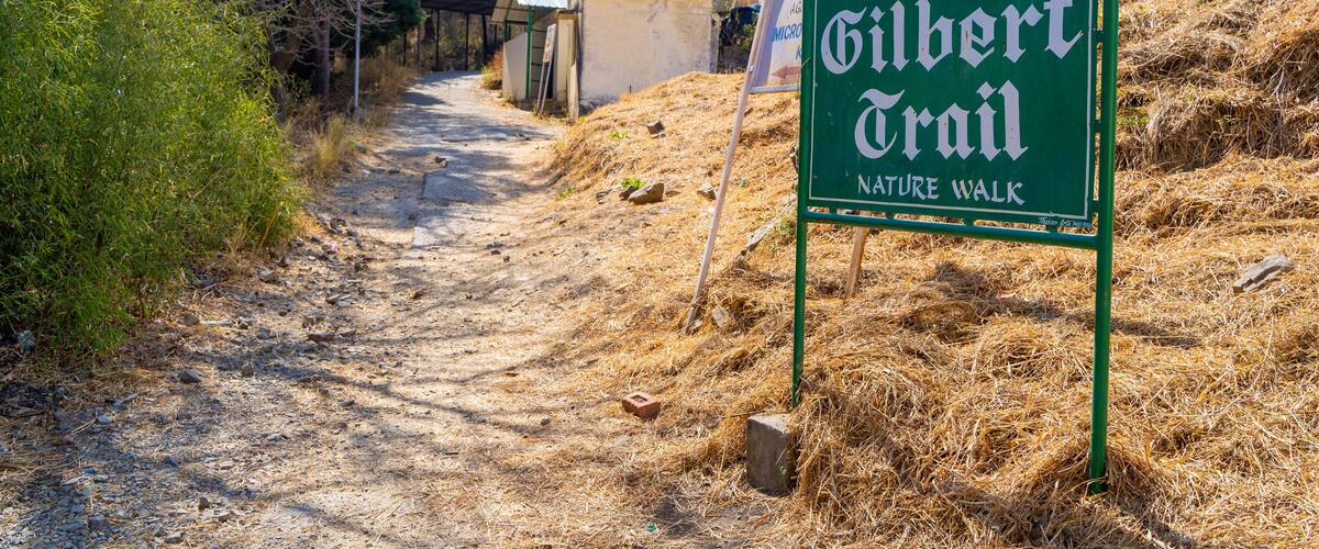 A dirt path leading to a sign for Gilbert Trail Nature Walk.