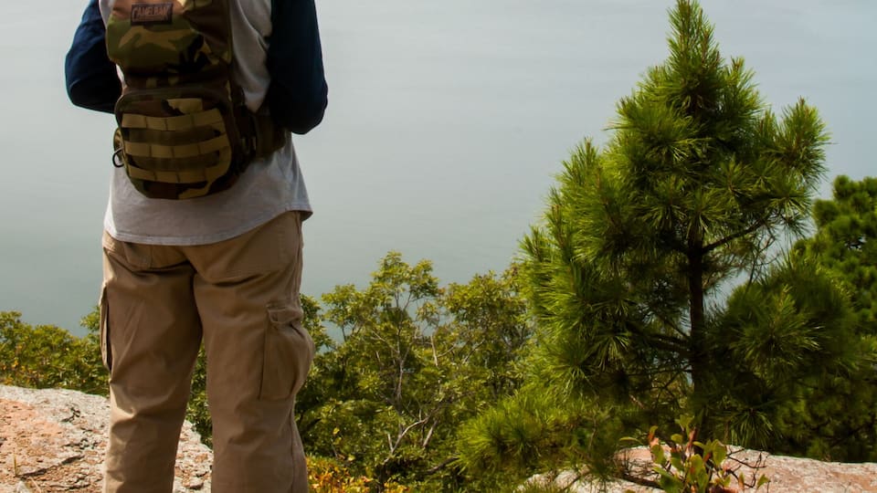 A person standing on a rocky outcrop overlooking a large body of water with distant mountains and greenery.