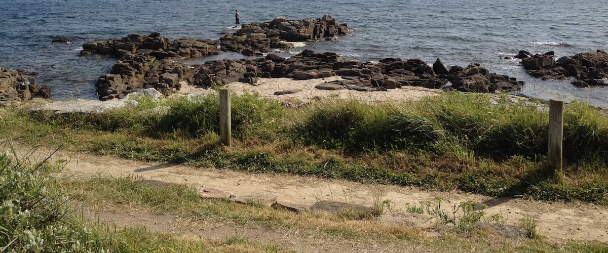 A rocky shoreline with a boat in the water and a person standing on the rocks.