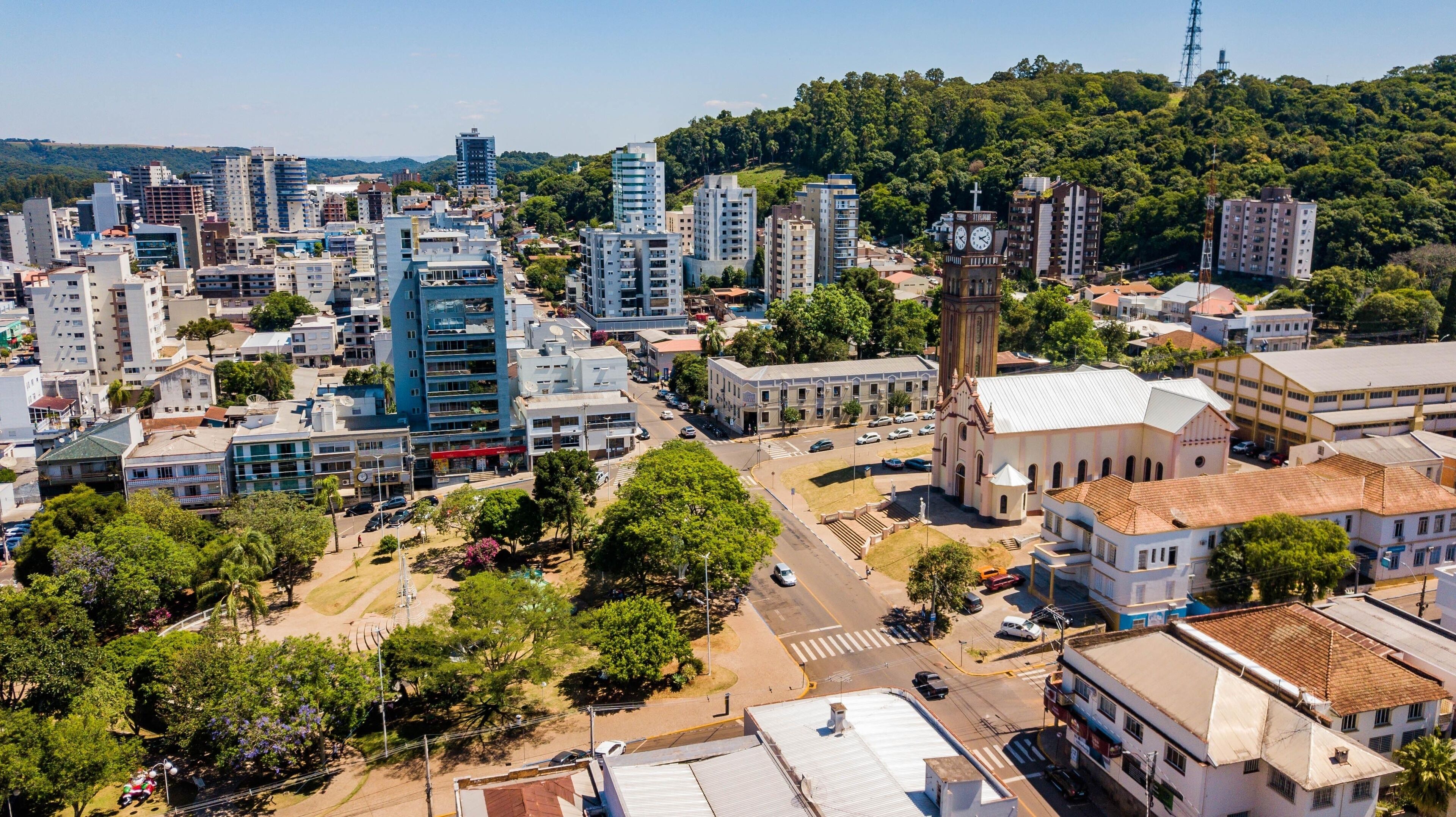 Marau RS. Aerial view of the parish church, central square and city center of Marau, state of Rio Grande do Sul