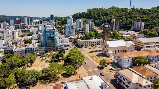 Marau RS. Aerial view of the parish church, central square and city center of Marau, state of Rio Grande do Sul