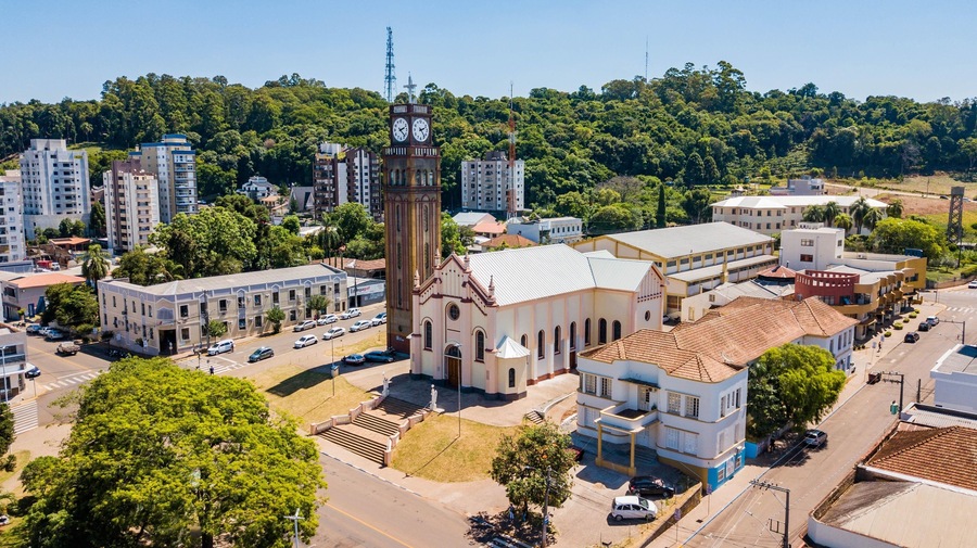 Marau RS. Aerial view of the parish church and city center of Marau, state of Rio Grande do Sul