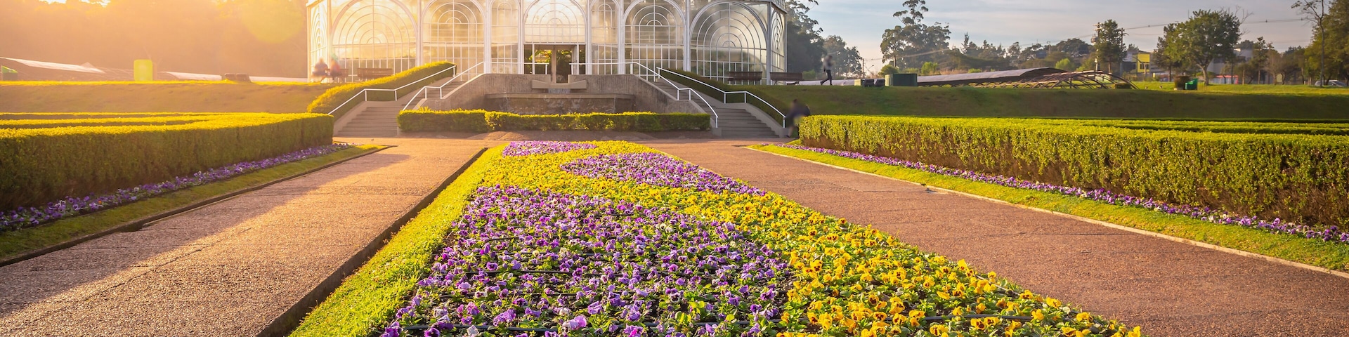 Un invernadero con múltiples cúpulas, rodeado de parterres con flores moradas y amarillas.