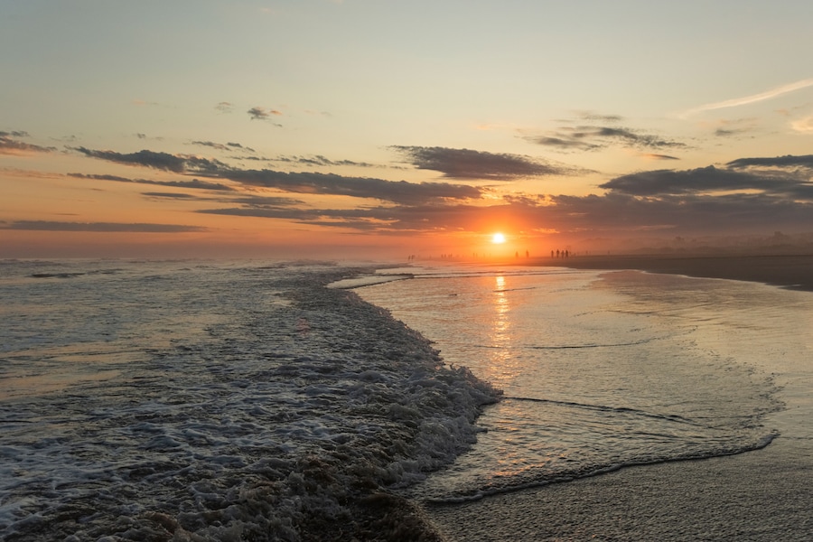 Orange and golden sunset sky calmness tranquil relaxing sunlight summer mood. , Jaguaruna Beach, Santa Catarina , Brazil
