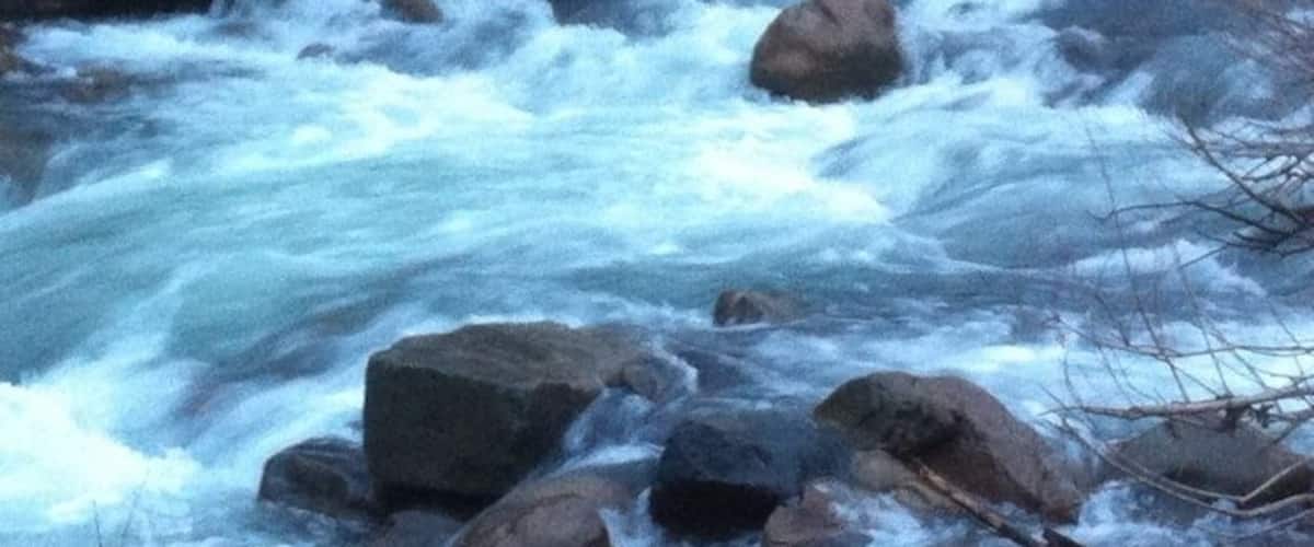 A fast-flowing river with rocks and trees in the background.