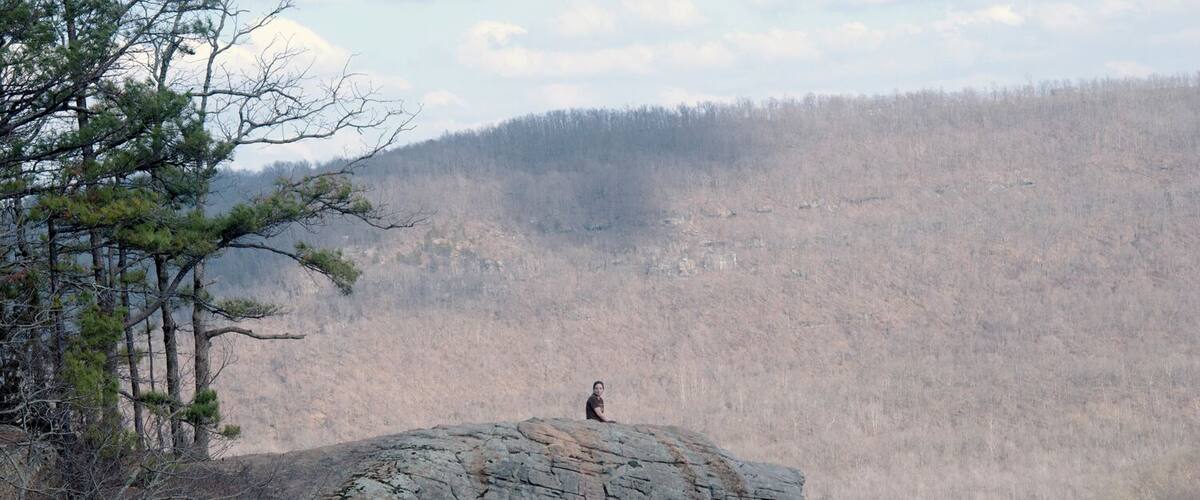 A person standing on a rocky cliff overlooking a forested valley.