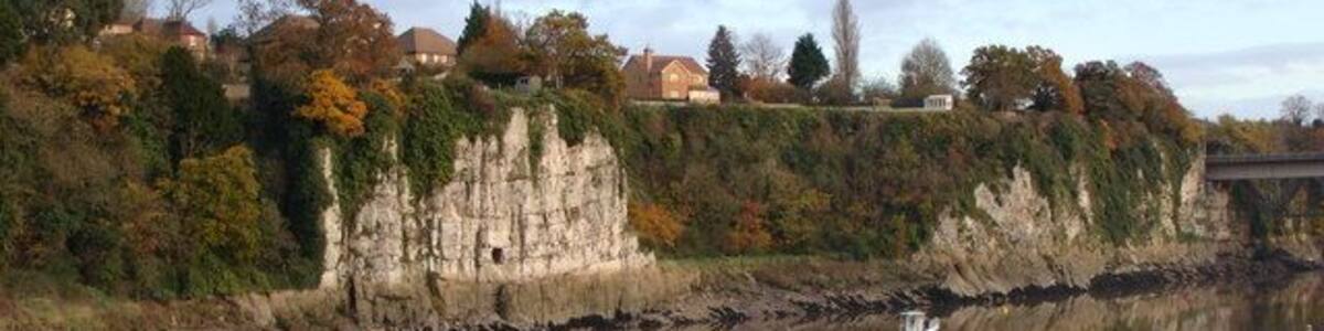 River cliff , reflections and houses with views An unusually tranquil moment for the River Wye, showing off its English bank to great effect.