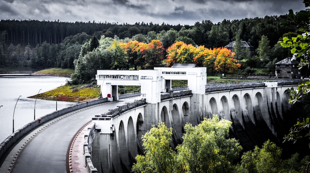 A dam with a bridge, a river, and autumn foliage.