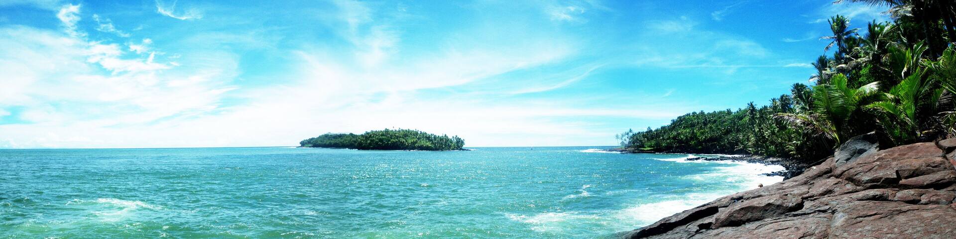 view from Royal island to the Devil's island in French Guiana. Tropical beach adventure concept.