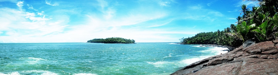 view from Royal island to the Devil's island in French Guiana. Tropical beach adventure concept.