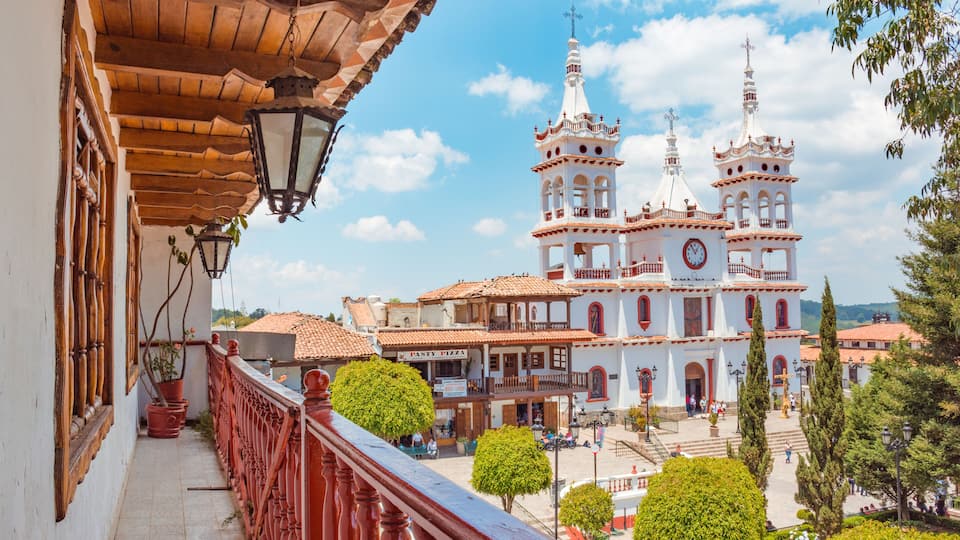 Beautiful Church of San Cristobal seen from a balcony at Mazamitla town in Jalisco, Mexico