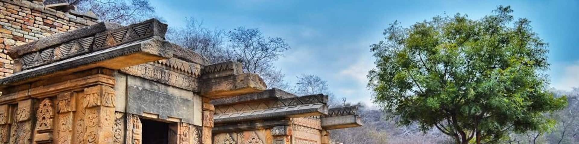 An ancient stone structure with intricate carvings, a tree, and a stone pathway.