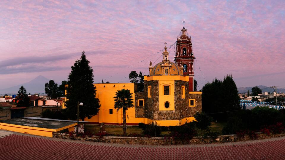 Church of Santa Maria, Popocatepetl Volcano in Background, Tonantzintla, Cholula, Mexico