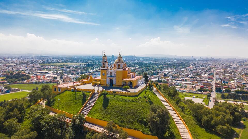 Beautiful aerial view of Puebla Mexico and its church