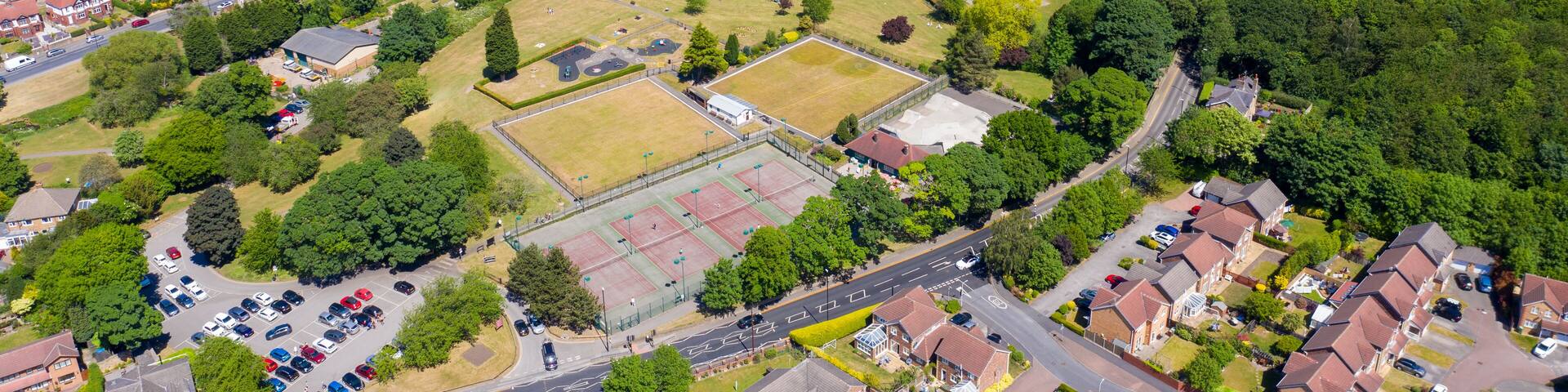 Aerial photo of the town centre of Rothwell in Leeds West Yorkshire in the UK showing typical British housing estates and suburban areas on a sunny summers day