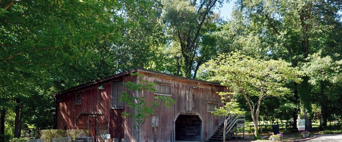 A rustic wooden building with a covered entrance, surrounded by lush greenery and trees.