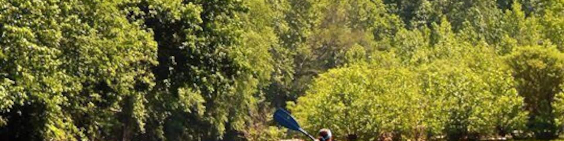 A kayaker on a river surrounded by cliffs and dense greenery.