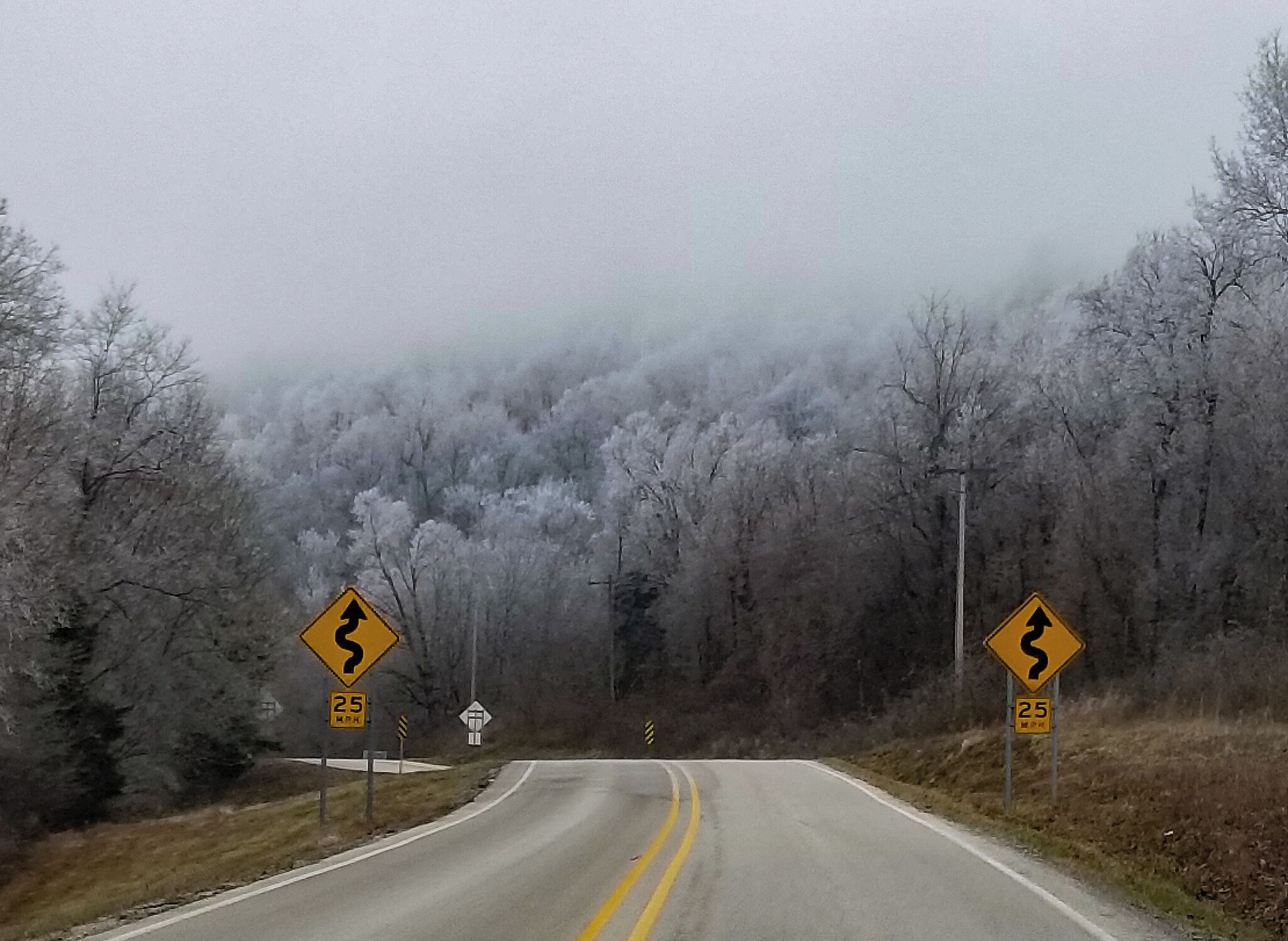 One of the coolest drives of my life! On our way from Ponca, Arkansas to Kyle's Landing on the Buffalo River in February to drop off a truck at the end destination of our float. This was our view as we climbed up the hills along the Buffalo. This is what is called Hoars Frost. It appears when low flying clouds in freezing temperatures (in this case 25 degrees at the top of the hills) produce really large frost on anything found in the cloud levels. There was a very clear line where this started and as we progressed up the road it was like driving in a winter wonderland! #Nature #Trovember