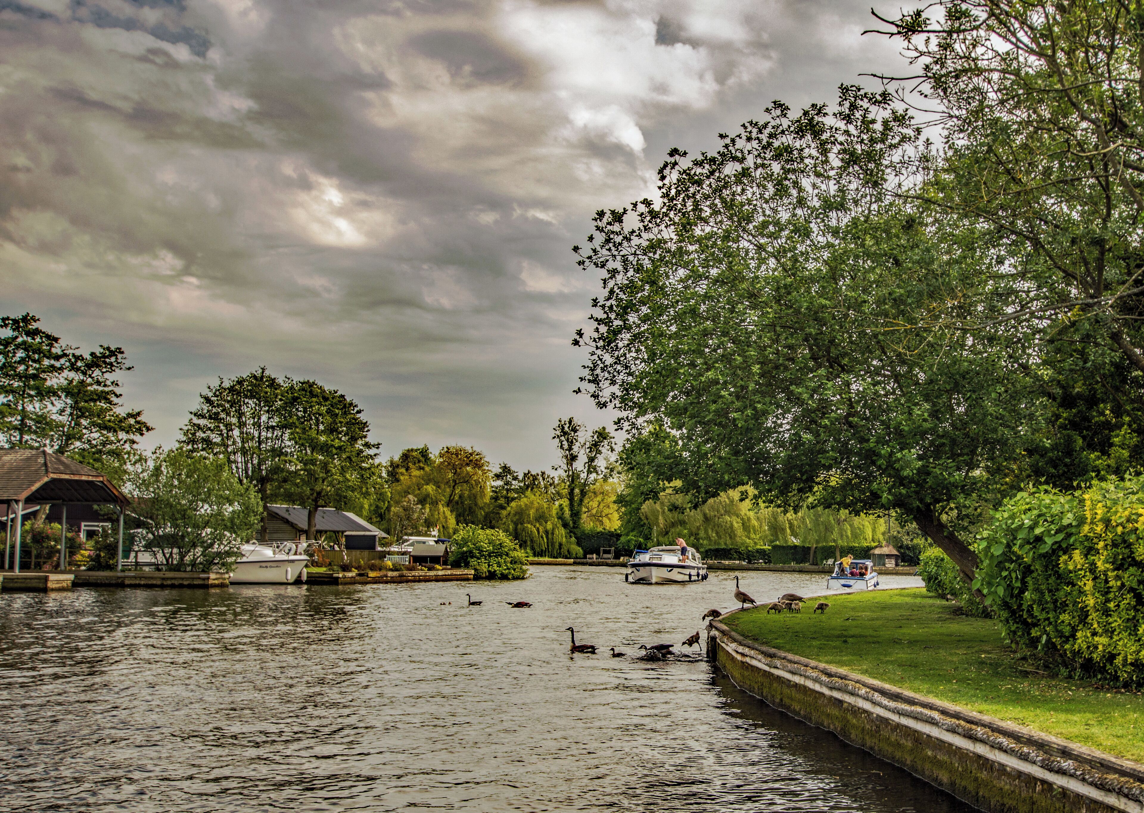 A calm river with ducks, a boat, and a gazebo.