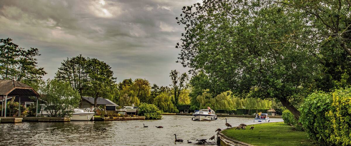 A calm river with ducks, a boat, and a gazebo.
