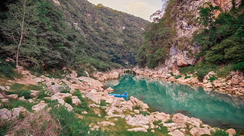 River and amazing crystalline blue water of Tamul waterfall in San Luis Potosí, Mexico