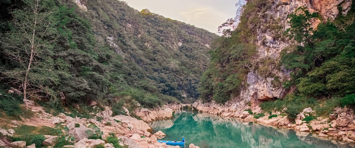 River and amazing crystalline blue water of Tamul waterfall in San Luis Potosí, Mexico