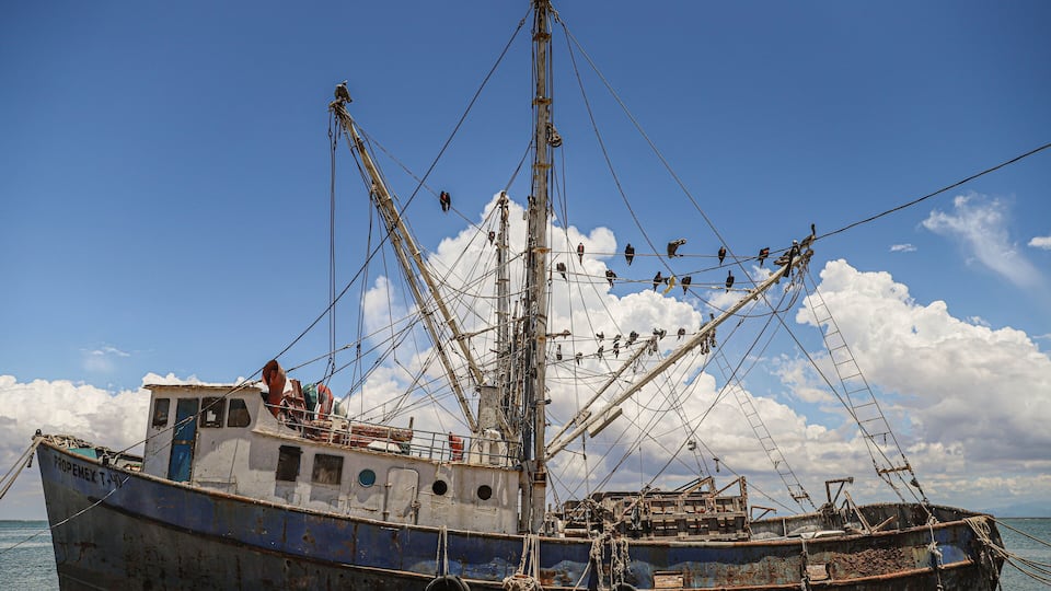 A large fishing boat with a net system, docked on a sandy beach with the ocean in the background.