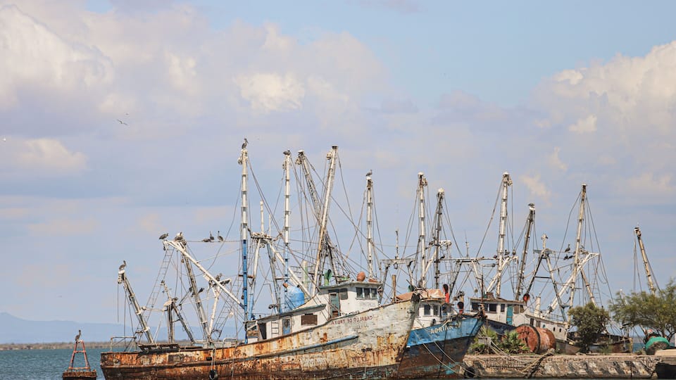 A row of rusted fishing boats docked at a harbor with a clear sky and mountains in the background.