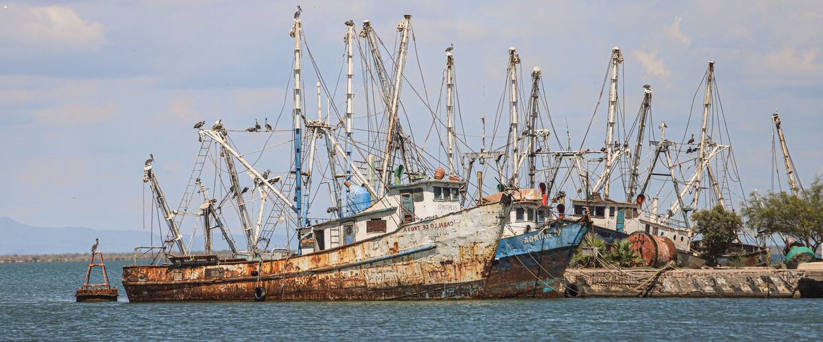 A row of rusted fishing boats docked at a harbor with a clear sky and mountains in the background.