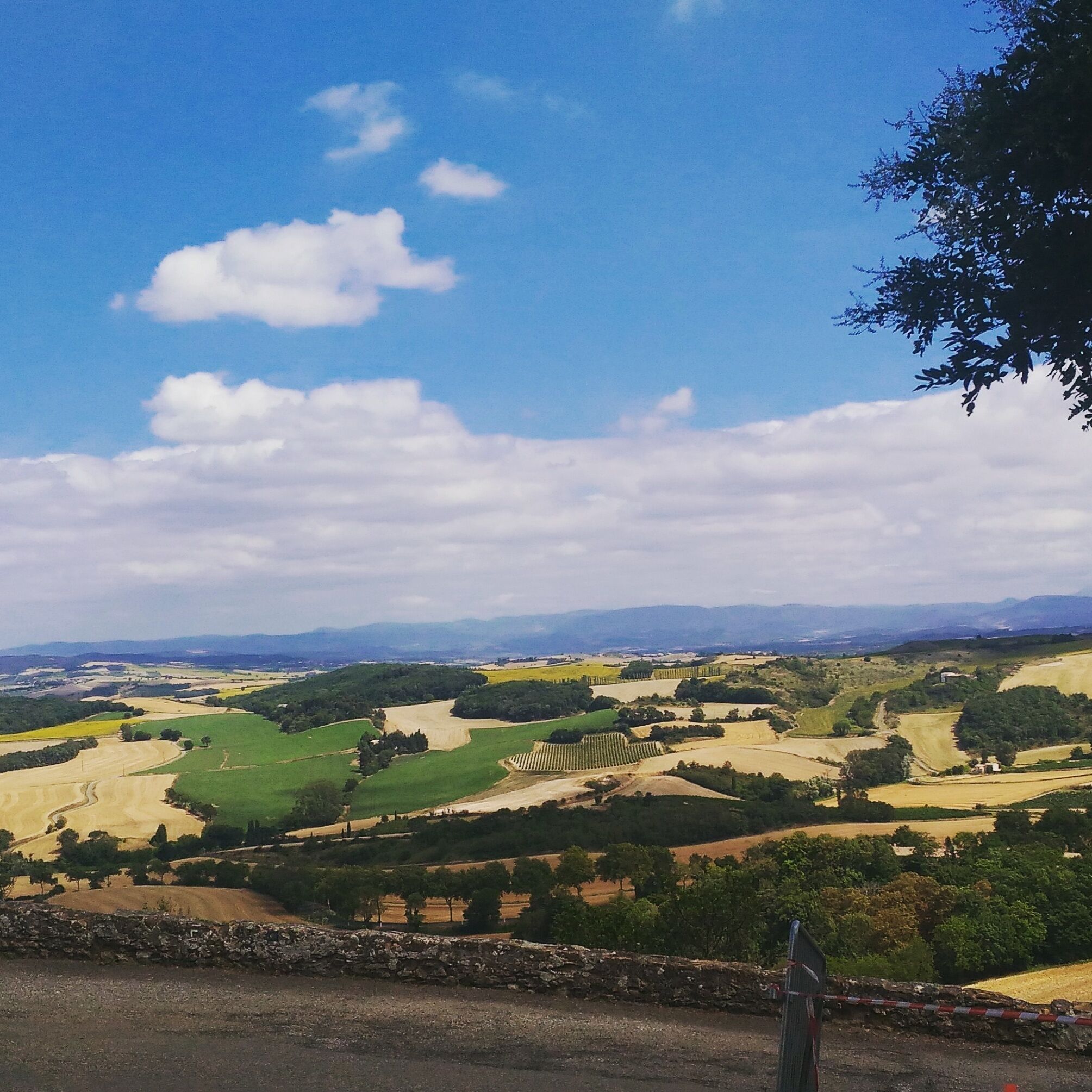 A rural landscape with rolling hills, fields, and a stone wall.