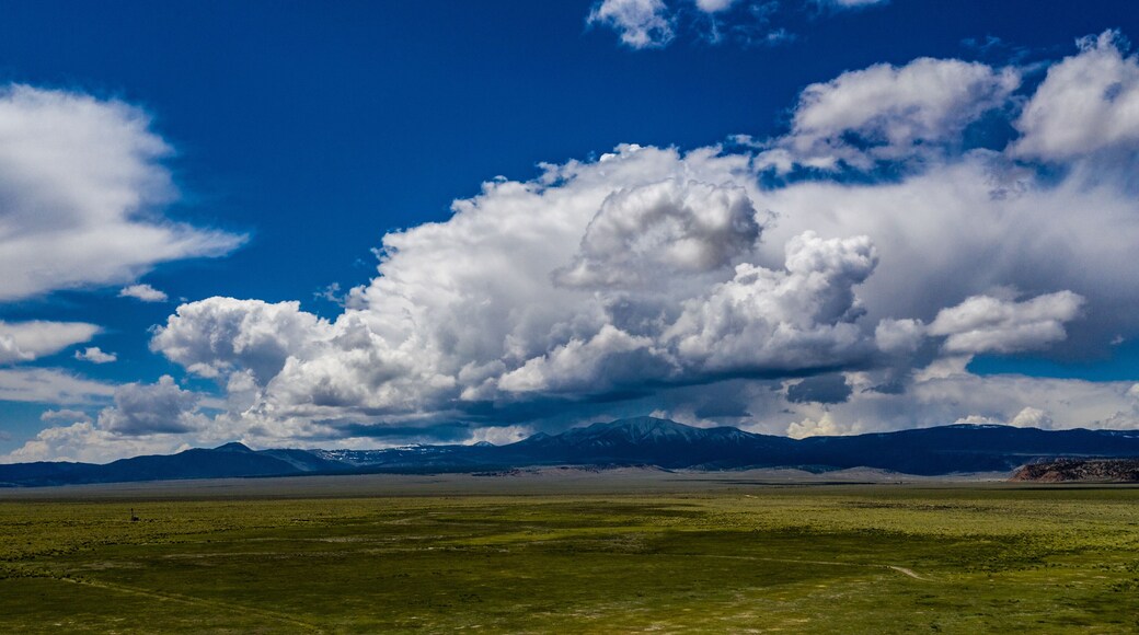 Aerial, drone view of open BLM land along California highway 120 between Mono Lake and Benton