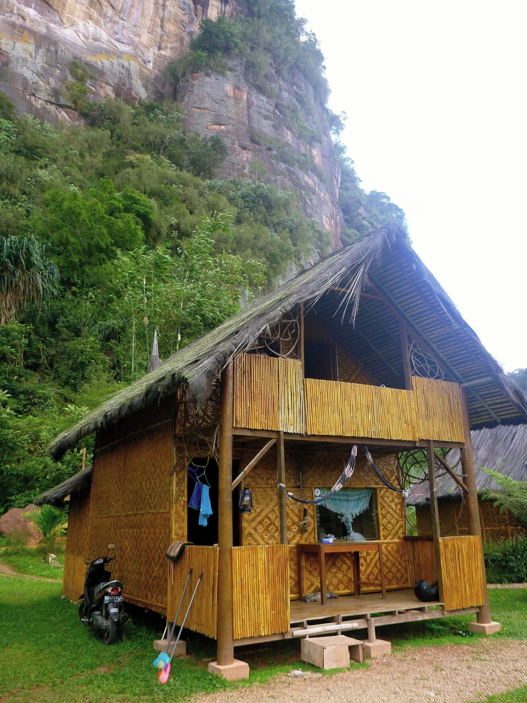 A bamboo house with a thatched roof, situated in a lush green valley with a rocky cliff in the background.