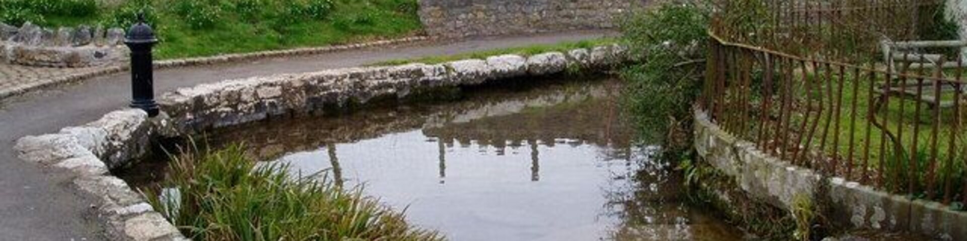 Un estanque rural con borde de piedra, rodeado de césped y una valla.