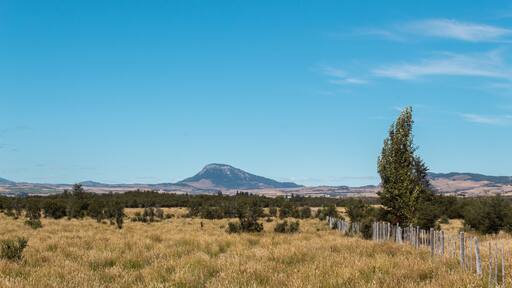 Día soleado en el campo con montes de fondo.
