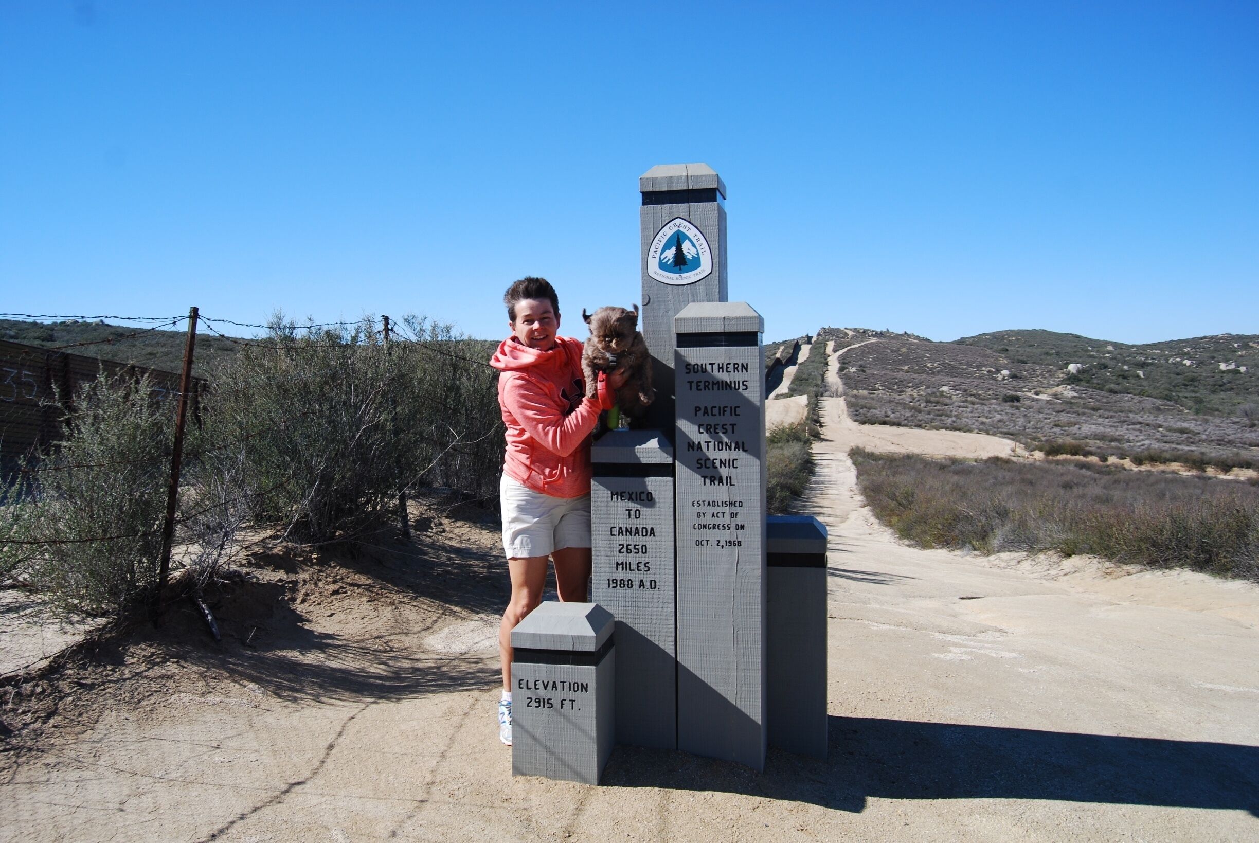 It took a bit of work to find this. It is right o the border.  The wind was blowing upwards of 50 MPH when we visited.  You can check out our blog for directions on finding it.  https://gizmogoeswest.com/2017/01/29/pacific-crest-trail-in-search-of-the-southern-terminus/