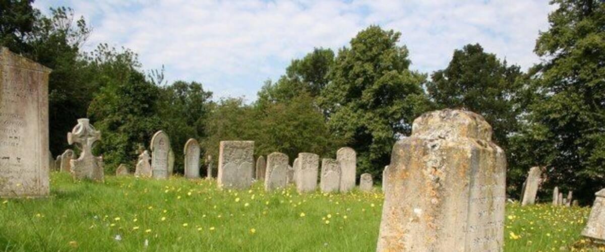 A cemetery with headstones and a grassy field with yellow flowers.