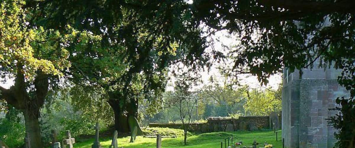 Churchyard and graves, Church of St John the Baptist, France Lynch, Chalford The east end of the church is at the right. The church is early Victorian.