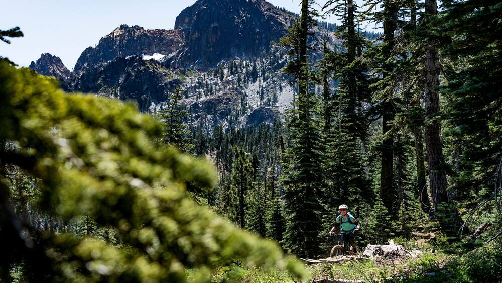 Female mountain biker on ridge
