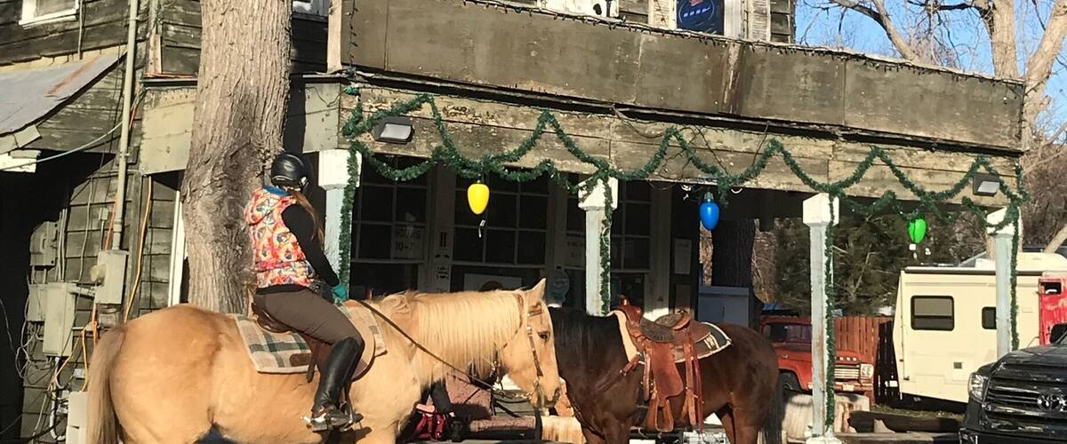A rustic building with a sign reading "GROCERY HOTEL" and two horses in front.