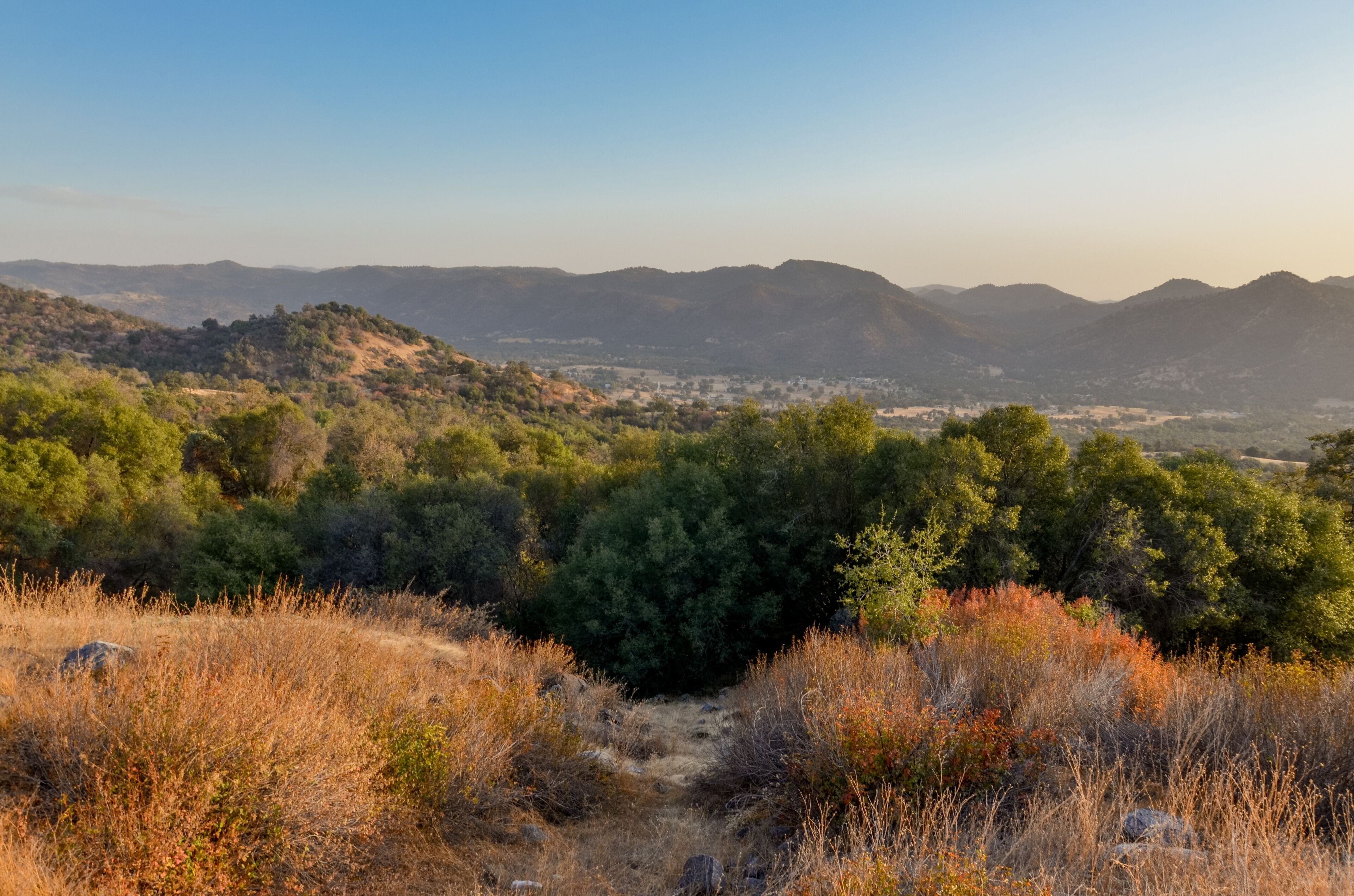 A mountainous landscape with dense forests and a clear sky.